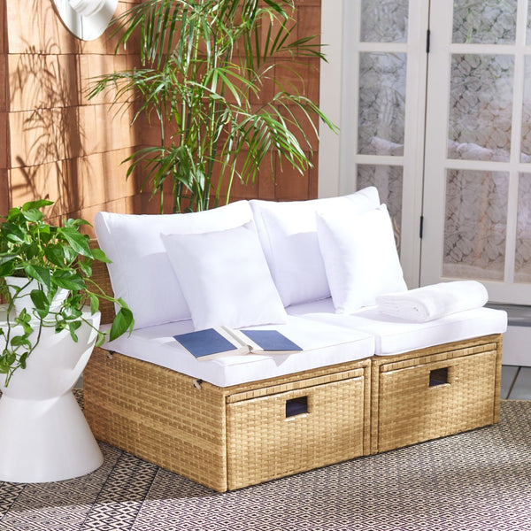 Safavieh PRAMLA Modern Outdoor Settee with Storage Ottomans – Stylish, Durable, and Perfect for Entertaining Natural / White PAT7515D