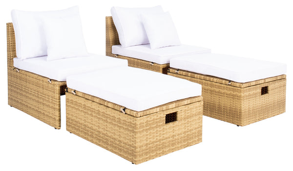 Safavieh PRAMLA Modern Outdoor Settee with Storage Ottomans – Stylish, Durable, and Perfect for Entertaining Natural / White PAT7515D