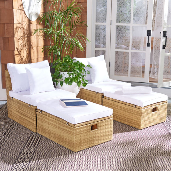 Safavieh PRAMLA Modern Outdoor Settee with Storage Ottomans – Stylish, Durable, and Perfect for Entertaining Natural / White PAT7515D