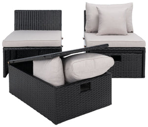 Safavieh PRAMLA Modern Outdoor Settee with Storage Ottomans – Stylish, Durable, and Perfect for Entertaining Black / Light Grey PAT7515E