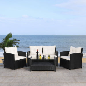 Safavieh VELLOR 4-Piece Outdoor Living Set with Plush Cushions and Glass-Topped Table for Cozy Gatherings Black / Beige PAT7516A