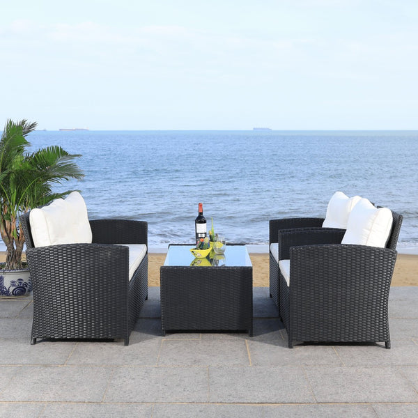 Safavieh VELLOR 4-Piece Outdoor Living Set with Plush Cushions and Glass-Topped Table for Cozy Gatherings Black / Beige PAT7516A