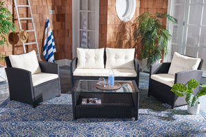 Safavieh VELLOR 4-Piece Outdoor Living Set with Plush Cushions and Glass-Topped Table for Cozy Gatherings Black / Beige PAT7516A