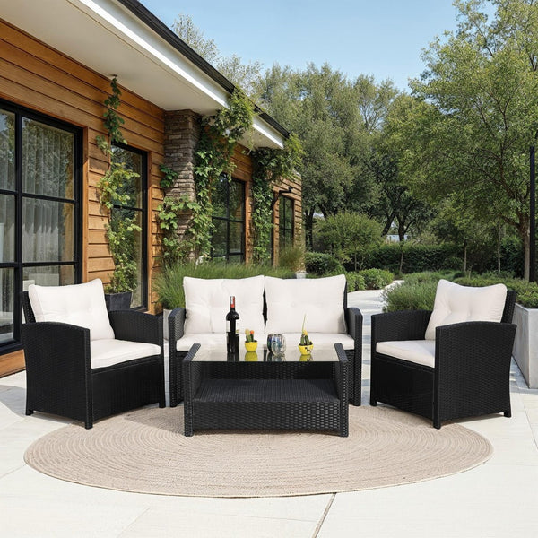 Safavieh VELLOR 4-Piece Outdoor Living Set with Plush Cushions and Glass-Topped Table for Cozy Gatherings Black / Beige PAT7516A