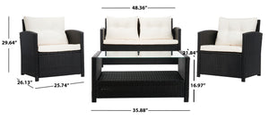 Safavieh VELLOR 4-Piece Outdoor Living Set with Plush Cushions and Glass-Topped Table for Cozy Gatherings Black / Beige PAT7516A