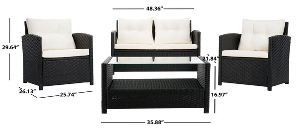 Safavieh VELLOR 4-Piece Outdoor Living Set with Plush Cushions and Glass-Topped Table for Cozy Gatherings Black / Beige PAT7516A