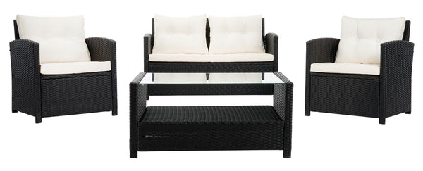 Safavieh VELLOR 4-Piece Outdoor Living Set with Plush Cushions and Glass-Topped Table for Cozy Gatherings Black / Beige PAT7516A