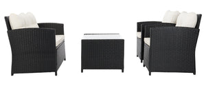 Safavieh VELLOR 4-Piece Outdoor Living Set with Plush Cushions and Glass-Topped Table for Cozy Gatherings Black / Beige PAT7516A