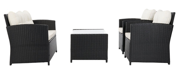 Safavieh VELLOR 4-Piece Outdoor Living Set with Plush Cushions and Glass-Topped Table for Cozy Gatherings Black / Beige PAT7516A