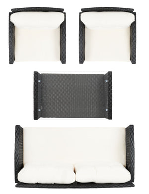 Safavieh VELLOR 4-Piece Outdoor Living Set with Plush Cushions and Glass-Topped Table for Cozy Gatherings Black / Beige PAT7516A