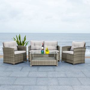 Safavieh VELLOR 4-Piece Outdoor Living Set with Plush Cushions and Glass-Topped Table for Cozy Gatherings Grey / Grey PAT7516B
