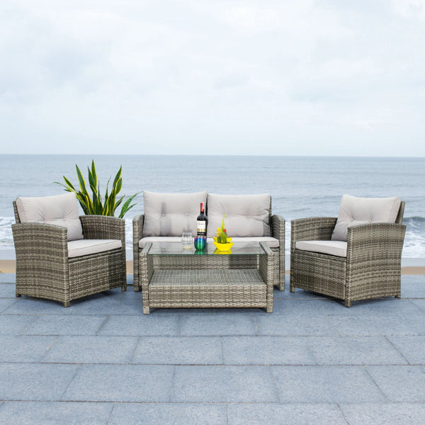 Safavieh VELLOR 4-Piece Outdoor Living Set with Plush Cushions and Glass-Topped Table for Cozy Gatherings Grey / Grey PAT7516B