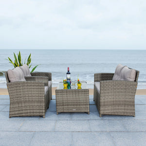 Safavieh VELLOR 4-Piece Outdoor Living Set with Plush Cushions and Glass-Topped Table for Cozy Gatherings Grey / Grey PAT7516B