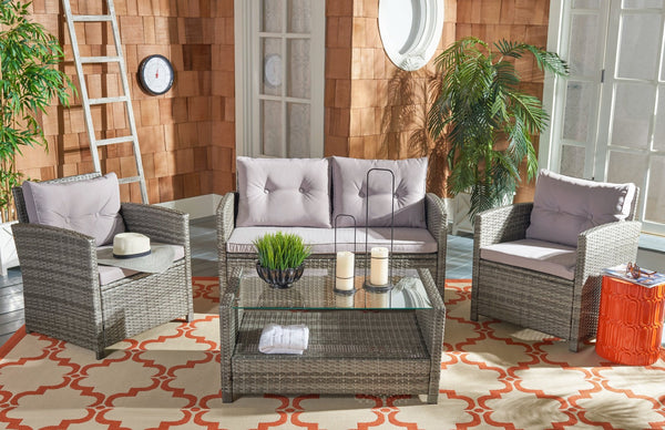 Safavieh VELLOR 4-Piece Outdoor Living Set with Plush Cushions and Glass-Topped Table for Cozy Gatherings Grey / Grey PAT7516B