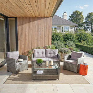 Safavieh VELLOR 4-Piece Outdoor Living Set with Plush Cushions and Glass-Topped Table for Cozy Gatherings Grey / Grey PAT7516B