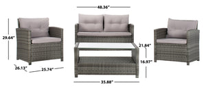 Safavieh VELLOR 4-Piece Outdoor Living Set with Plush Cushions and Glass-Topped Table for Cozy Gatherings Grey / Grey PAT7516B