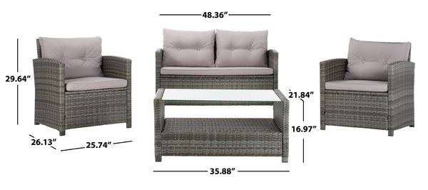 Safavieh VELLOR 4-Piece Outdoor Living Set with Plush Cushions and Glass-Topped Table for Cozy Gatherings Grey / Grey PAT7516B