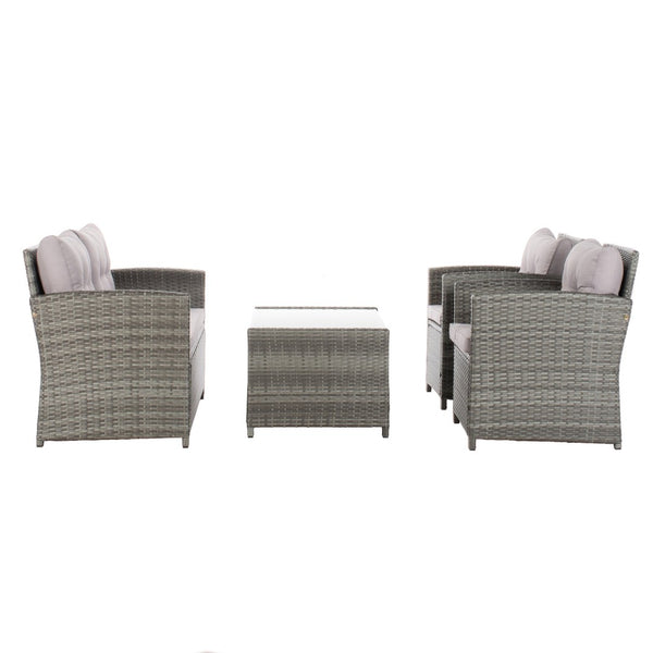 Safavieh VELLOR 4-Piece Outdoor Living Set with Plush Cushions and Glass-Topped Table for Cozy Gatherings Grey / Grey PAT7516B