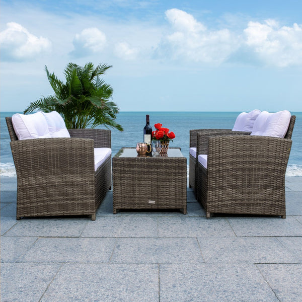 Safavieh VELLOR 4-Piece Outdoor Living Set with Plush Cushions and Glass-Topped Table for Cozy Gatherings Grey Brown / White PAT7516C