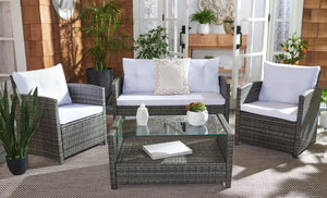 Safavieh VELLOR 4-Piece Outdoor Living Set with Plush Cushions and Glass-Topped Table for Cozy Gatherings Grey Brown / White PAT7516C