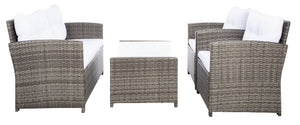 Safavieh VELLOR 4-Piece Outdoor Living Set with Plush Cushions and Glass-Topped Table for Cozy Gatherings Grey Brown / White PAT7516C