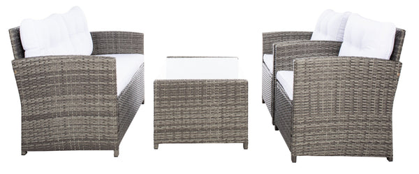 Safavieh VELLOR 4-Piece Outdoor Living Set with Plush Cushions and Glass-Topped Table for Cozy Gatherings Grey Brown / White PAT7516C