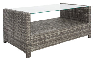 Safavieh VELLOR 4-Piece Outdoor Living Set with Plush Cushions and Glass-Topped Table for Cozy Gatherings Grey Brown / White PAT7516C