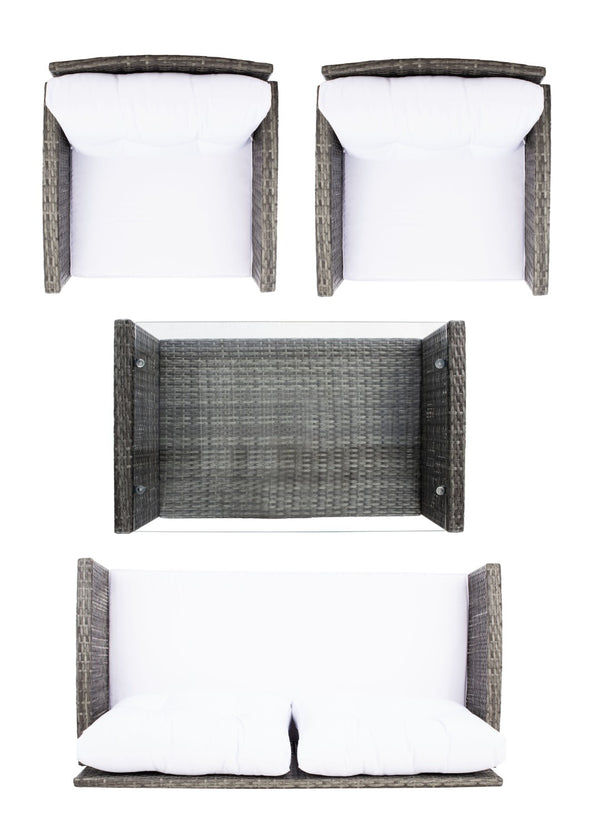 Safavieh VELLOR 4-Piece Outdoor Living Set with Plush Cushions and Glass-Topped Table for Cozy Gatherings Grey Brown / White PAT7516C