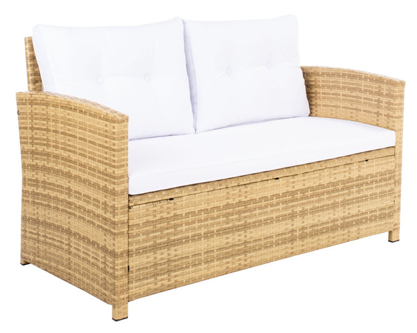 Safavieh VELLOR 4-Piece Outdoor Living Set with Plush Cushions and Glass-Topped Table for Cozy Gatherings Natural / White PAT7516D