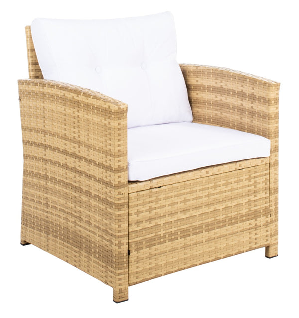 Safavieh VELLOR 4-Piece Outdoor Living Set with Plush Cushions and Glass-Topped Table for Cozy Gatherings Natural / White PAT7516D