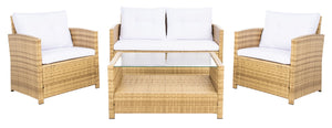 Safavieh VELLOR 4-Piece Outdoor Living Set with Plush Cushions and Glass-Topped Table for Cozy Gatherings Natural / White PAT7516D