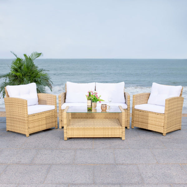 Safavieh VELLOR 4-Piece Outdoor Living Set with Plush Cushions and Glass-Topped Table for Cozy Gatherings Natural / White PAT7516D