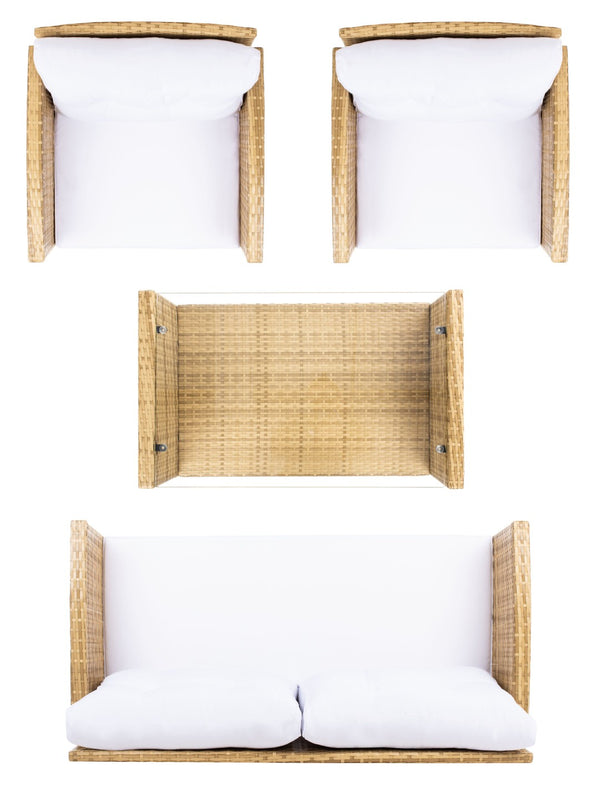 Safavieh VELLOR 4-Piece Outdoor Living Set with Plush Cushions and Glass-Topped Table for Cozy Gatherings Natural / White PAT7516D
