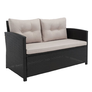 Safavieh VELLOR 4-Piece Outdoor Living Set with Plush Cushions and Glass-Topped Table for Cozy Gatherings Black / Light Grey PAT7516E