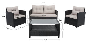 Safavieh VELLOR 4-Piece Outdoor Living Set with Plush Cushions and Glass-Topped Table for Cozy Gatherings Black / Light Grey PAT7516E