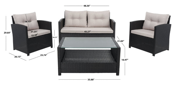 Safavieh VELLOR 4-Piece Outdoor Living Set with Plush Cushions and Glass-Topped Table for Cozy Gatherings Black / Light Grey PAT7516E