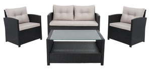 Safavieh VELLOR 4-Piece Outdoor Living Set with Plush Cushions and Glass-Topped Table for Cozy Gatherings Black / Light Grey PAT7516E