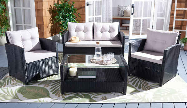 Safavieh VELLOR 4-Piece Outdoor Living Set with Plush Cushions and Glass-Topped Table for Cozy Gatherings Black / Light Grey PAT7516E