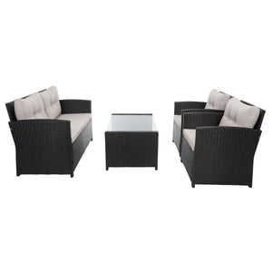 Safavieh VELLOR 4-Piece Outdoor Living Set with Plush Cushions and Glass-Topped Table for Cozy Gatherings Black / Light Grey PAT7516E