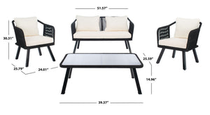 Safavieh TORSLA 4-Piece Outdoor Living Set with Modern Geometric Frames and Plush Cushions for Relaxed Lounging Black / Beige PAT7520B