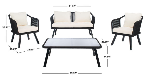 Safavieh TORSLA 4-Piece Outdoor Living Set with Modern Geometric Frames and Plush Cushions for Relaxed Lounging Black / Beige PAT7520B