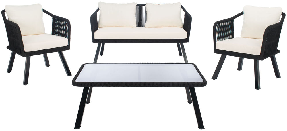 Safavieh TORSLA 4-Piece Outdoor Living Set with Modern Geometric Frames and Plush Cushions for Relaxed Lounging Black / Beige PAT7520B