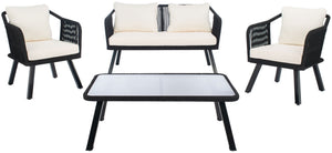 Safavieh TORSLA 4-Piece Outdoor Living Set with Modern Geometric Frames and Plush Cushions for Relaxed Lounging Black / Beige PAT7520B