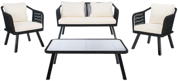 Safavieh TORSLA 4-Piece Outdoor Living Set with Modern Geometric Frames and Plush Cushions for Relaxed Lounging Black / Beige PAT7520B