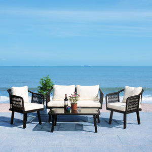 Safavieh TORSLA 4-Piece Outdoor Living Set with Modern Geometric Frames and Plush Cushions for Relaxed Lounging Black / Beige PAT7520B