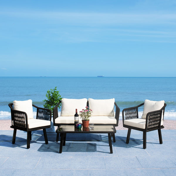 Safavieh TORSLA 4-Piece Outdoor Living Set with Modern Geometric Frames and Plush Cushions for Relaxed Lounging Black / Beige PAT7520B