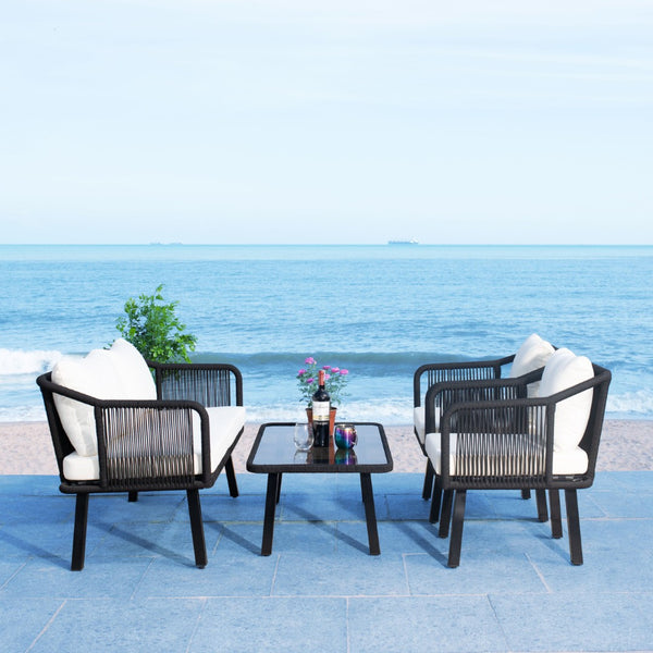 Safavieh TORSLA 4-Piece Outdoor Living Set with Modern Geometric Frames and Plush Cushions for Relaxed Lounging Black / Beige PAT7520B