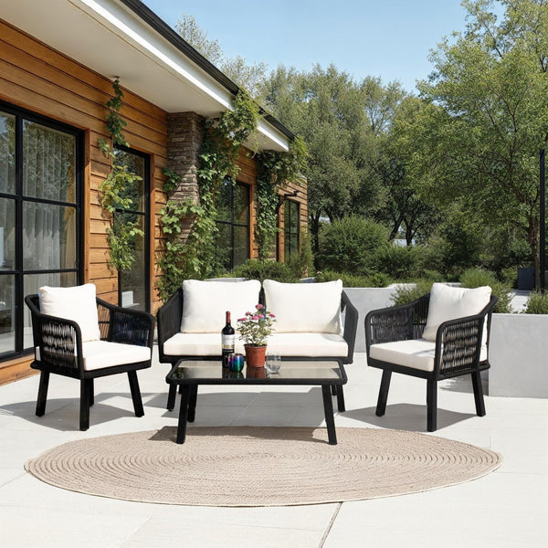 Safavieh TORSLA 4-Piece Outdoor Living Set with Modern Geometric Frames and Plush Cushions for Relaxed Lounging Black / Beige PAT7520B