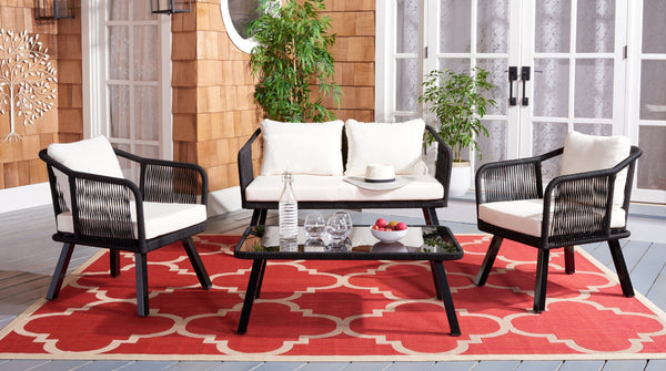 Safavieh TORSLA 4-Piece Outdoor Living Set with Modern Geometric Frames and Plush Cushions for Relaxed Lounging Black / Beige PAT7520B