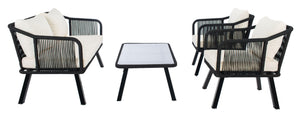 Safavieh TORSLA 4-Piece Outdoor Living Set with Modern Geometric Frames and Plush Cushions for Relaxed Lounging Black / Beige PAT7520B